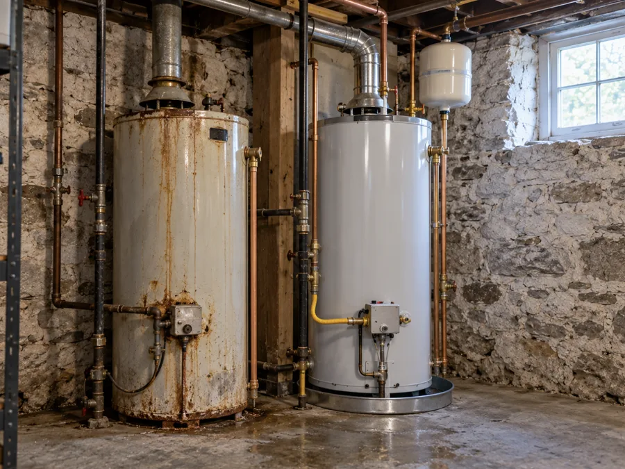 Corroded old water heater next to its replacement in a stone basement