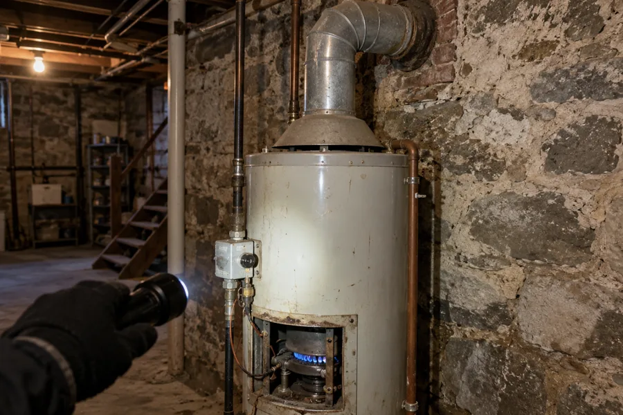Gas water heater burner and draft hood in an old stone-wall basement