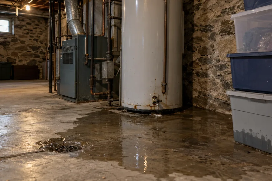 Water spreading across a basement floor from under a water heater