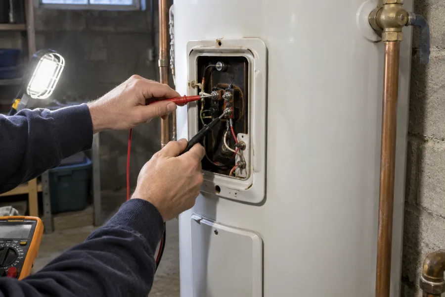 Technician testing an electric water heater element in a basement