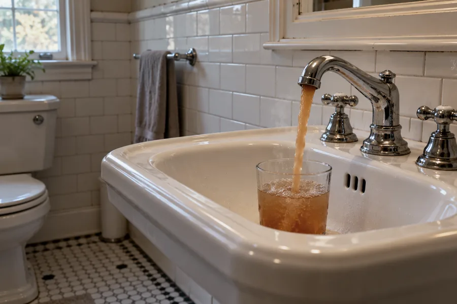 Rust-tinted hot water at an old bathroom sink