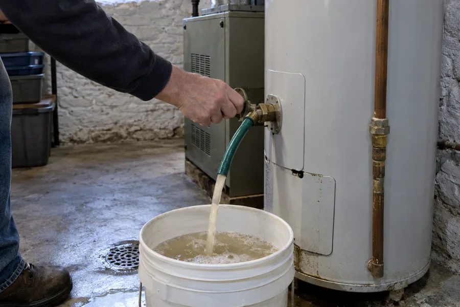 Sediment draining from a water heater into a bucket