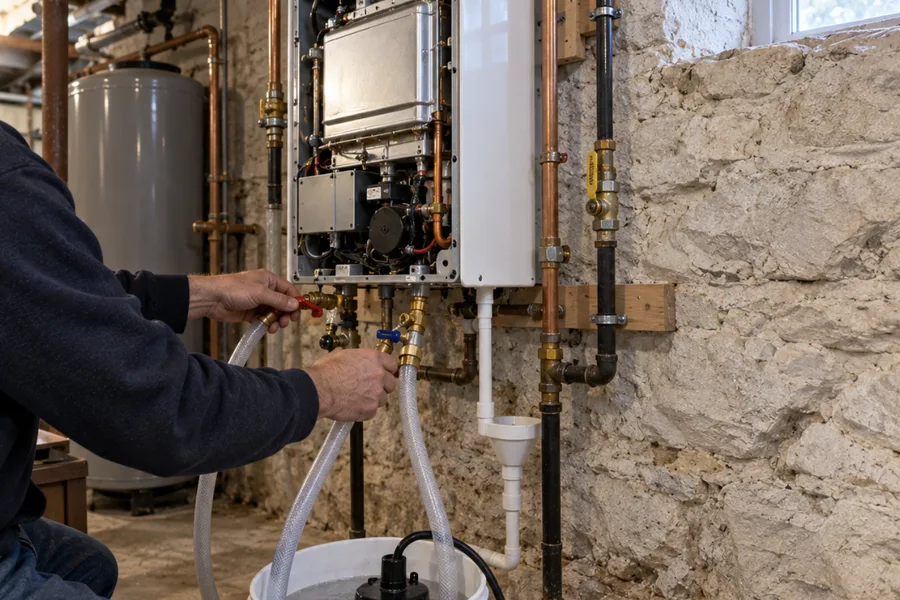 Wall-mounted tankless water heater being descaled