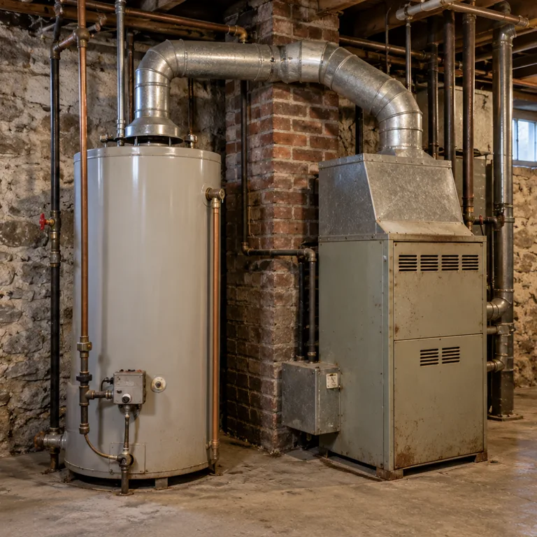 Gas water heater venting into an old brick chimney beside the furnace